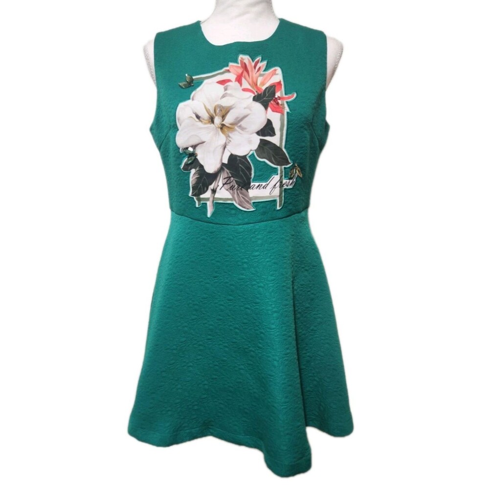 La Go Go Dress A-Line Fit-n-Flare Dress, Kelly Green Floral Applique Jewels M